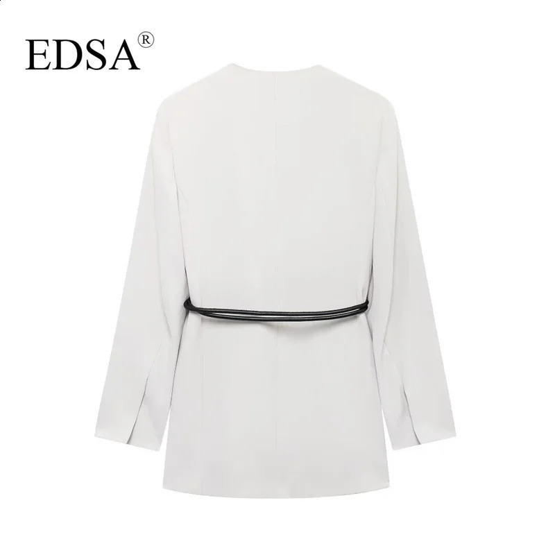 EDSA Womens Belt Jacket Long Sleeve Shoulder Pads Vneck Office Coat 250407