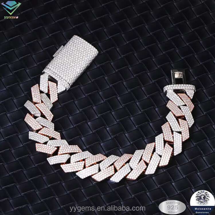 Yu Ying Made Heavy Silver Weight 18k Gold Plated Sterling Silver Cuban Link Moissanite Bracelet for Mens Fashion Hiphop Jewelry