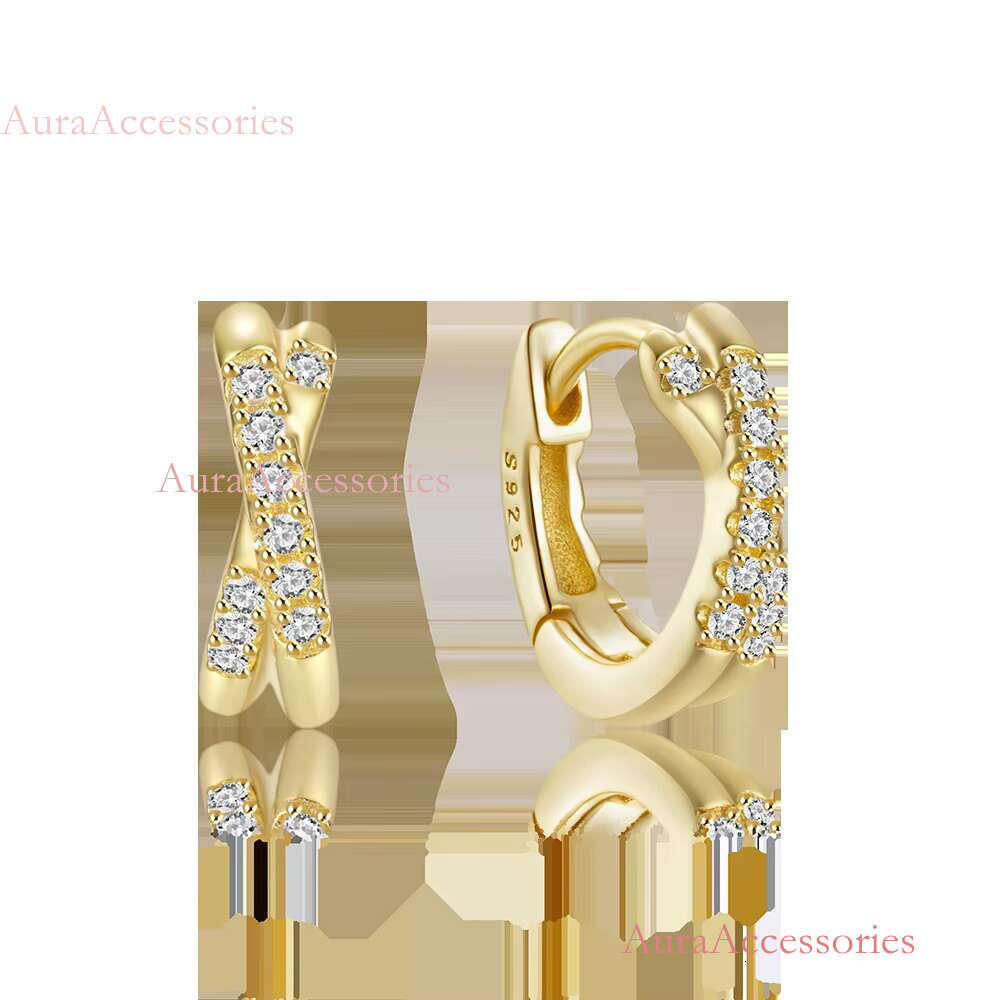 Fashion Jewelry Sterg Sier Double Layer Cross X Shaped Dia Zircon Gold Plated Hoop Earrings Women