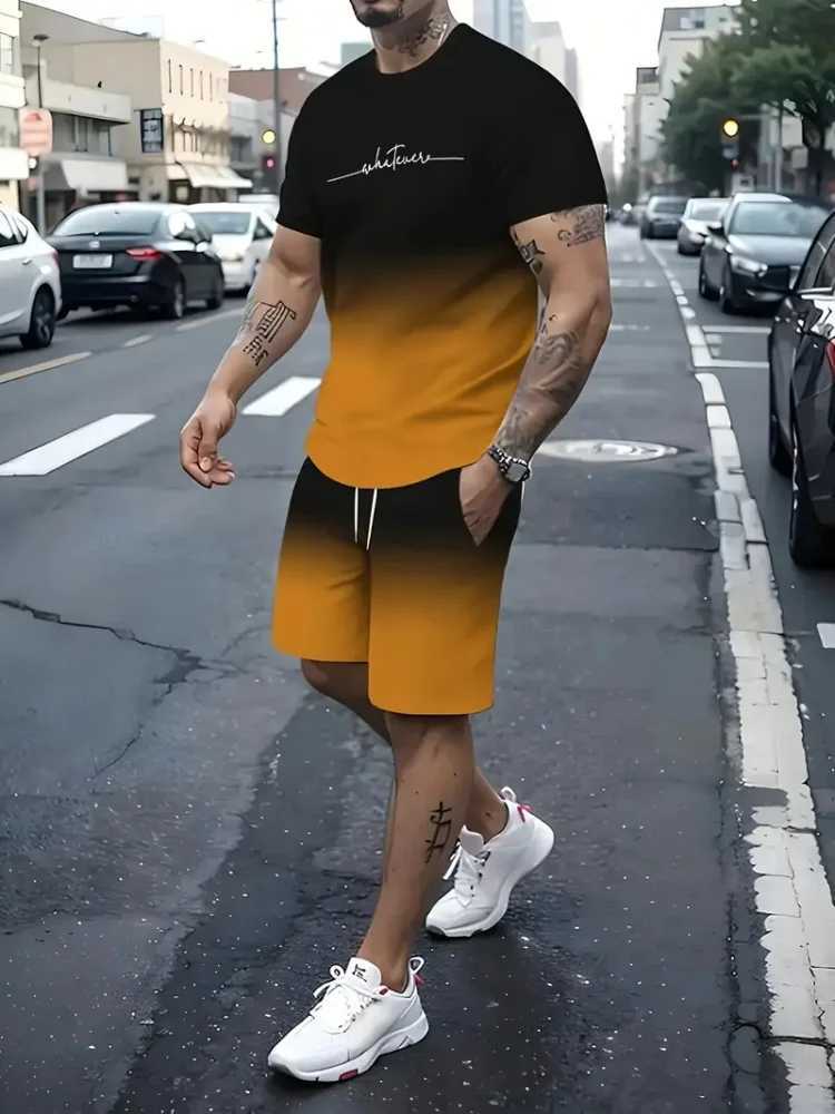 2025 Mens Short Sleeve Set Creative Letter Printing Gradient Color Summer Short Sleeve 2-piece Urban Fashion Street SetXJ250412