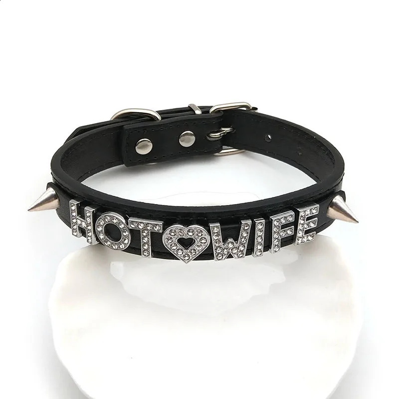 Punk rivet rhinestone letter wife necklace female girl sexy intimate leather necklace role-playing jewelry gift 250409