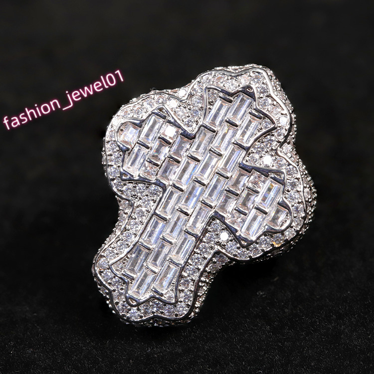 Hot Popular Hip Hop Cross Ring Fine Jewelry S925 Sterling Silver Ring for Men VVS Baguette Moissanite Cross Cuban Ring