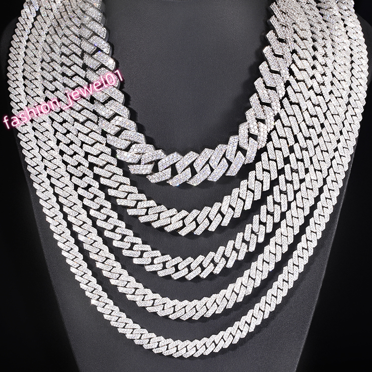 18k Gold Plated 100% Pass Tester 2rows VVS Moissanite 8mm-15mm Wide 925 Silver Cuban Link Chain for Hip Hop Rapper Jewelry