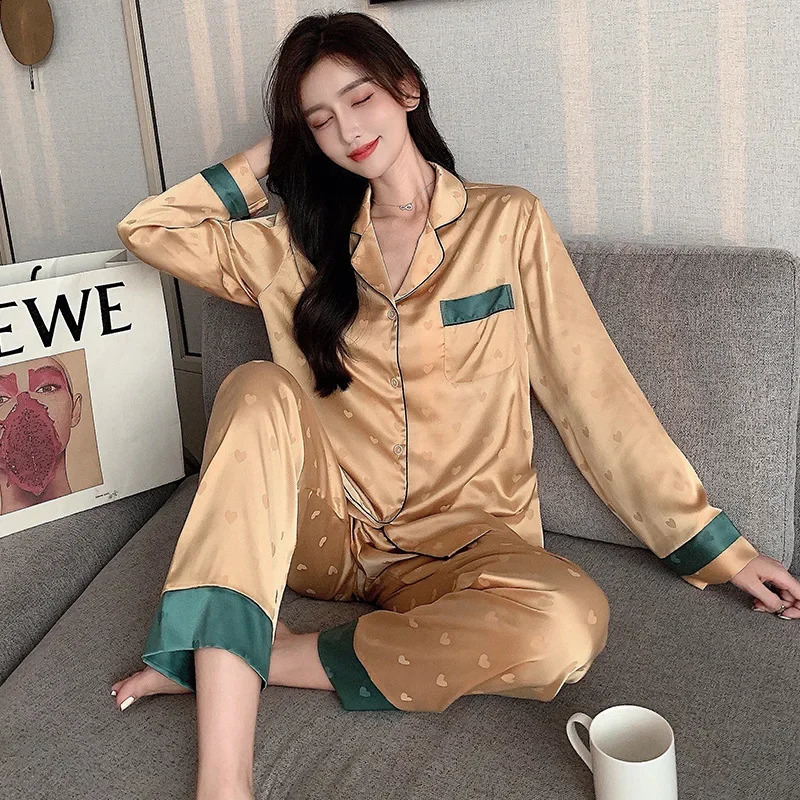 High Qualtiy Ice Silk Pajamas Suit Women Spring Autumn Thin Long-sleeved Trousers Two-piece Sleepwear Summer Loungewear Female 250411