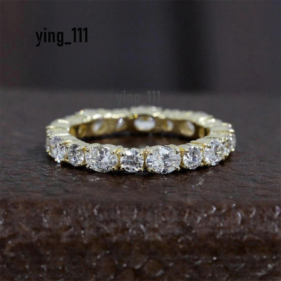 Jewelry 18K Yellow Real Gold 4*3mm Oval-Round 2.5mm Cut Lab Diamond Full Eternity Band Anniversary Wedding Ring For Women