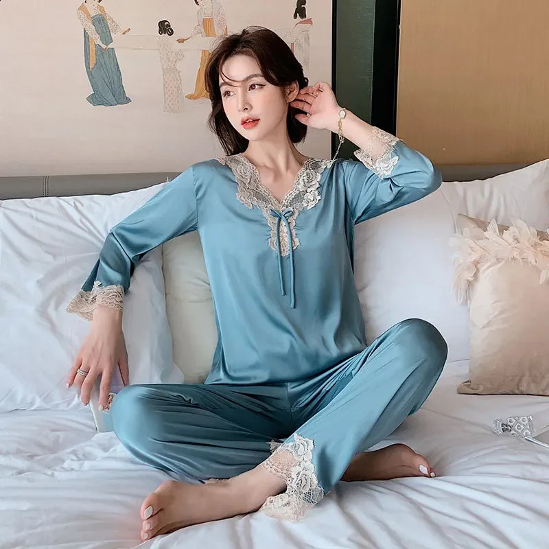 High Quality Pajamas Set Men Women Fall Summer Ice Silk Couple Sleepwear Male Female Large Size Silk Loungewear Suit 250411