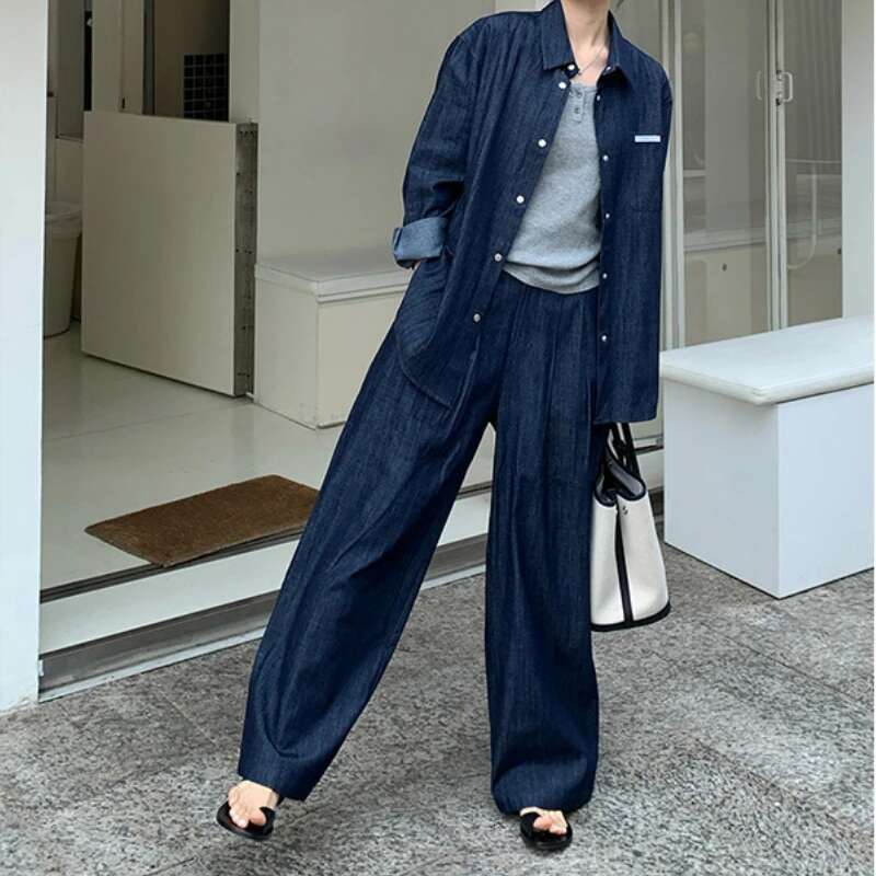 Denim Pant Women Two Piece Set Shirts Tops Matching Sets Y2k Streetwear Single Breasted Long Pants Jeans Casual 2025