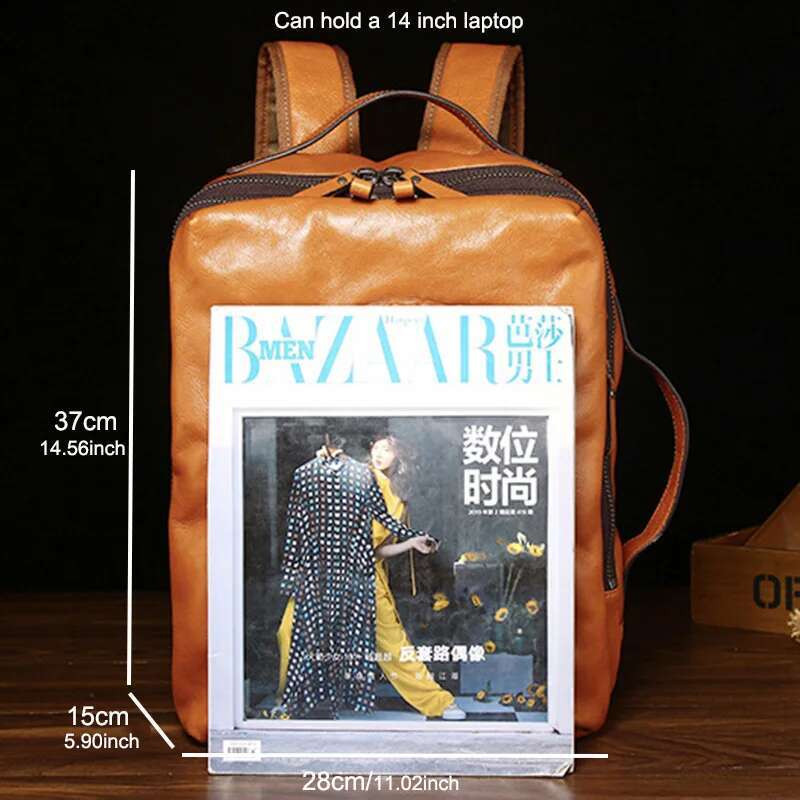 Men's Genuine Leather Backpack Trendy Fashion Tree Cream Top Layer Cowhide Large Capacity Printed Computer Bag