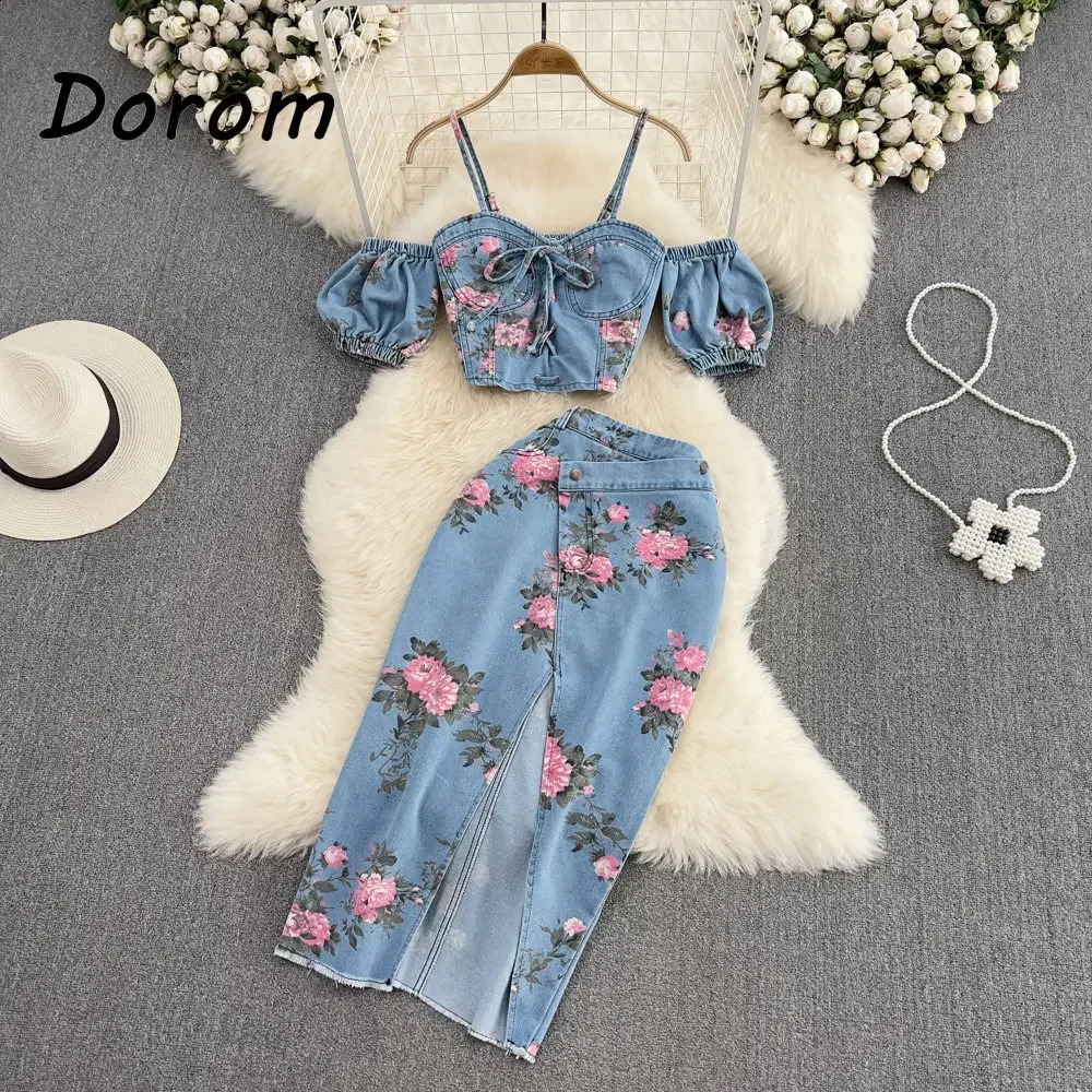 Vintage Flower Print Denim Two Pieces Sets Women Summer V-Neck Lace-up Jeans Crop Top High Waist Irregular Skirt Female Suits 250411
