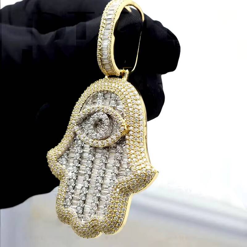 Hip Hop Hamsa Hand Necklace Pendant Iced Out 925 Sterling Silver With 18K Gold Plated Eye Hamsa Hand Moissanite Pendant
