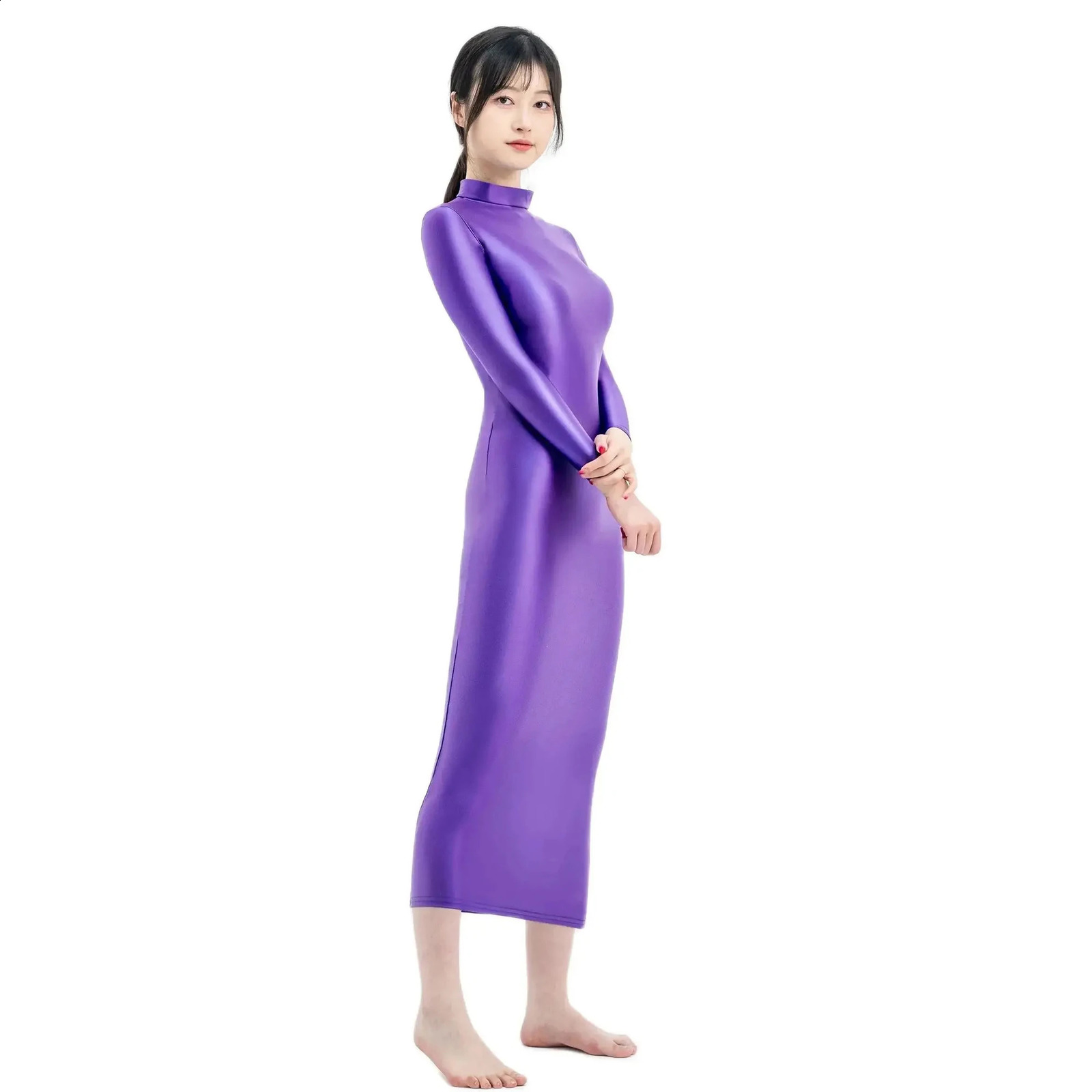 XCKNY Glossiness series dress high neck long sleeved silk elastic tight fitting sports sexy 250411
