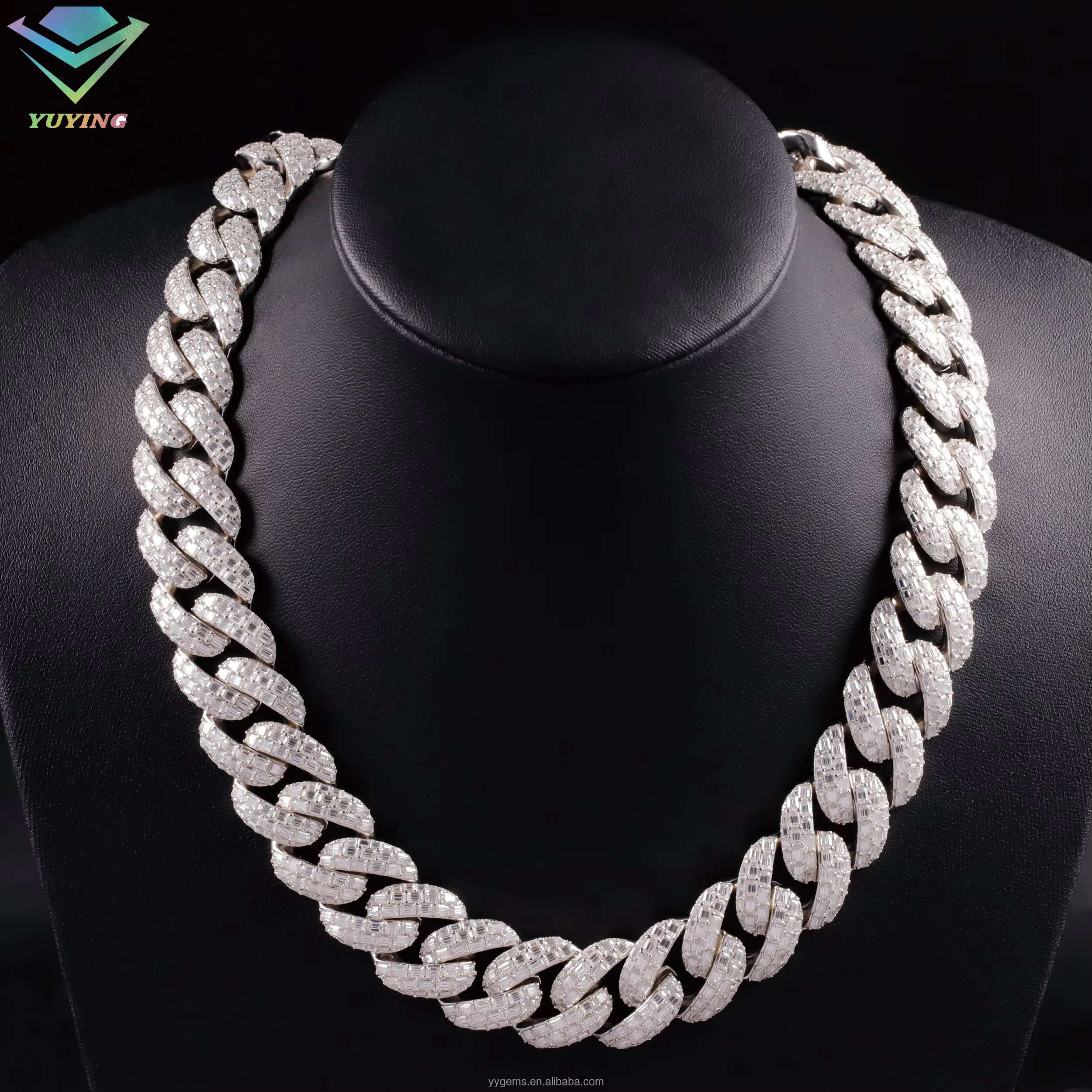 Yu Ying 20mm Baguettes VVS Moissanite Diamond Solid Silver Necklace Cuban Link Chain for Hiphop Jewelry
