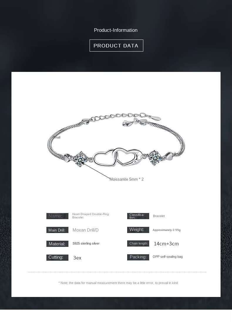 Wholesale 1Carat Moissanite Bracelet for Women S925 Sterling Silver Minimalist Fashion Double Heart Shaped Hand Chain Jewelry