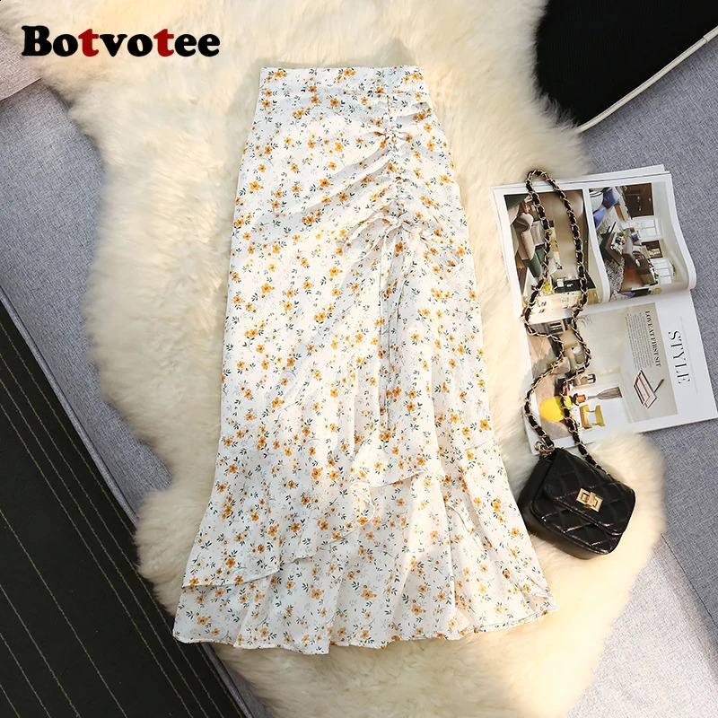 Botvotee Trumpet Chiffon Floral Print Skirts for Women High Waisted Elegant Side Split Ruffles Long Skirt Office Midi Skort 250407