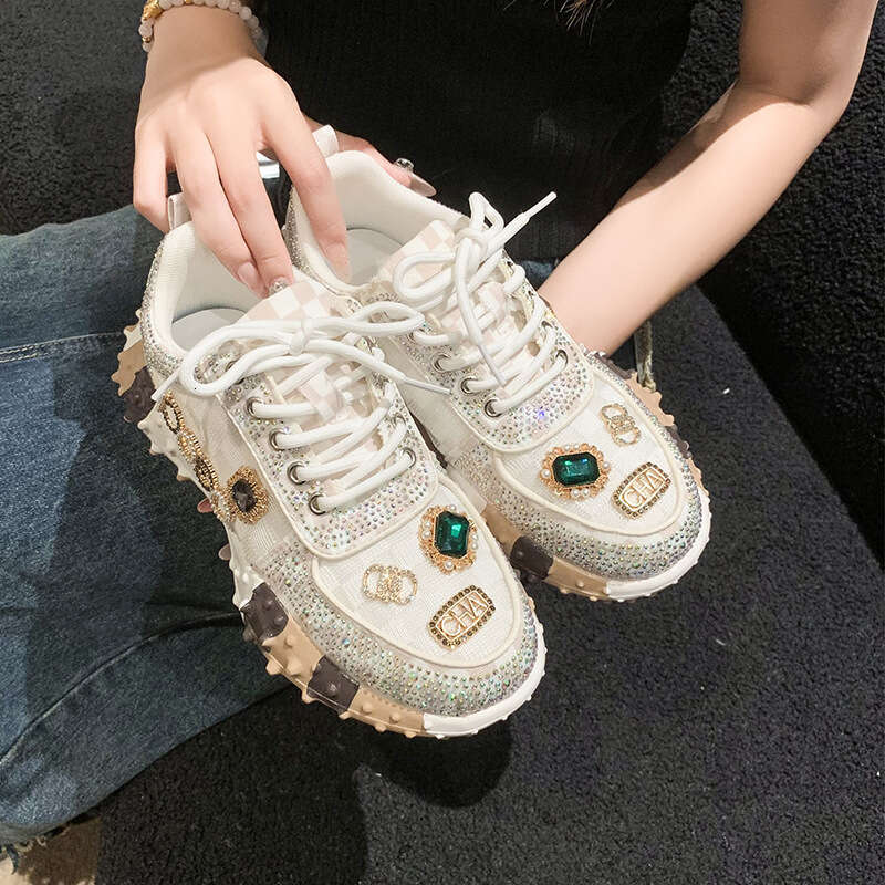Designer shoes Letter with Rhinestones Fashion Sneakers Durian Platform Sole Mesh Single Shoes for Women