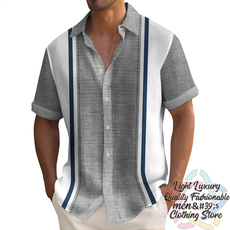 Mens shirts Summer striped linen print shirts Casual short-sleeved button Hawaiian shirts Oversized mens tops outfit collar 250411