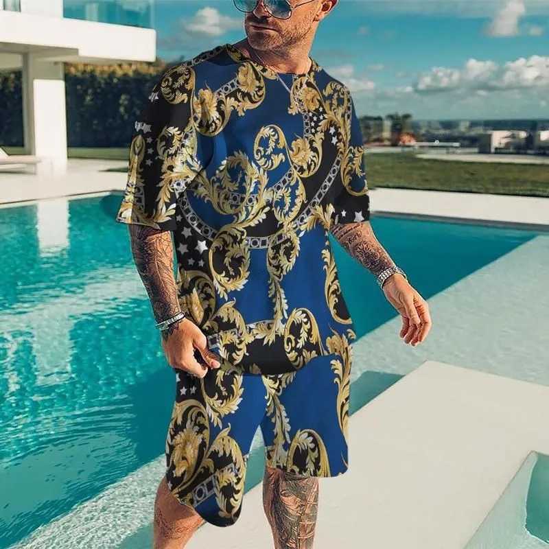 Summer new mens luxury gold patterned sports shirt 3D printed short sleeved T-shirt set fashionable casual mens T-shirt two-piece setXJ250412