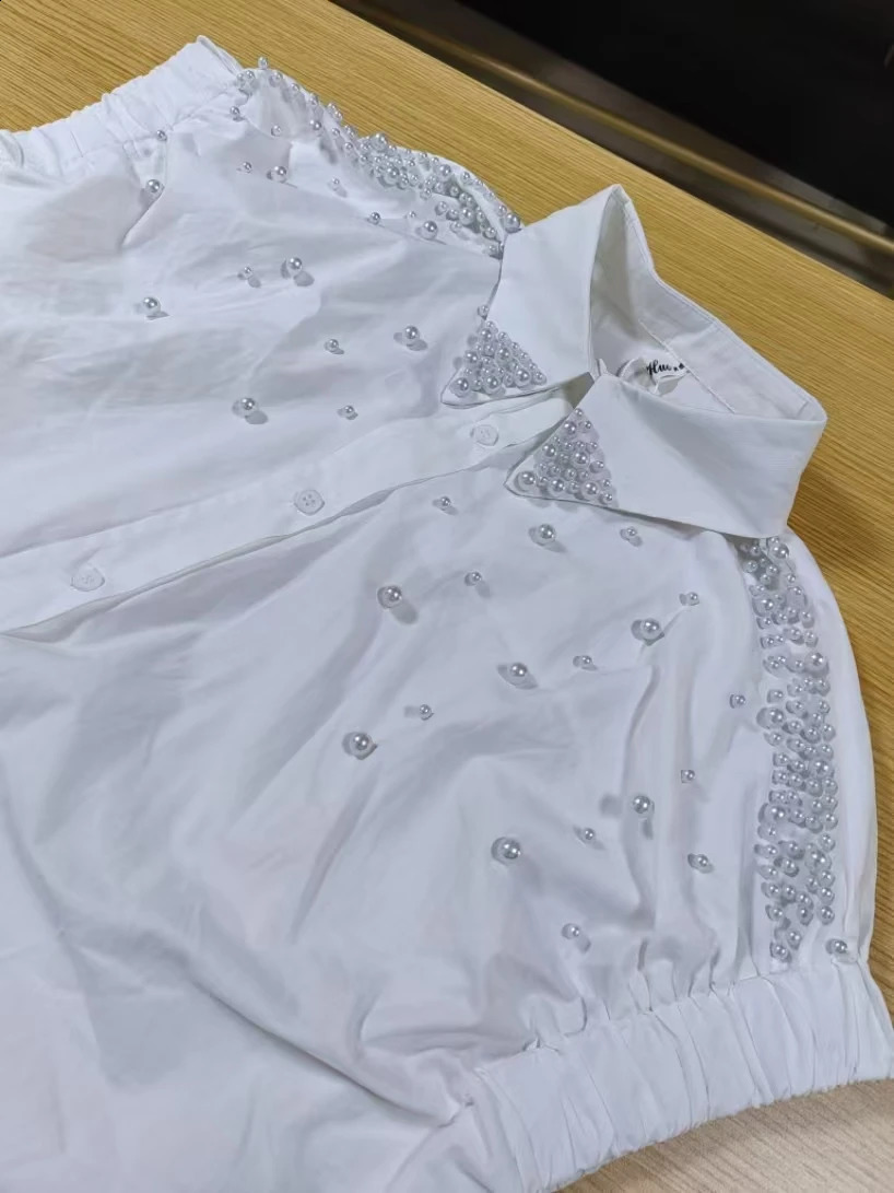 Pearls Embroidered Flares Cotton Loose Casual White Shirts Blouses For Women 2025 Summer Short Sleeve Single Breasted Top 250411