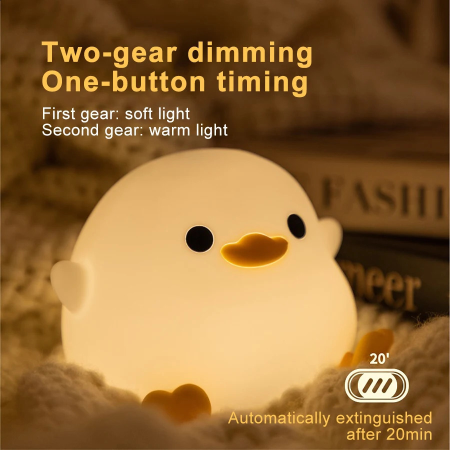 LED Night Light Cute Duck Cartoon Animal Silicone Light Childrens Touch Sensor Timer USB Charging Birthday Gift 250411
