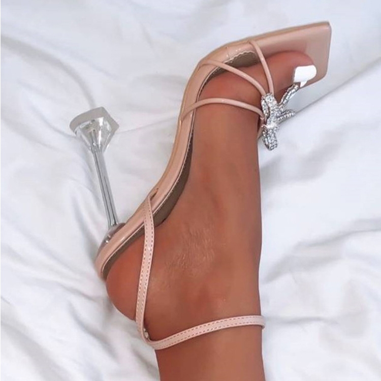 Designer new fashion rhinestone high heels glass with large size women high heel sandals women black apricot large size 35-43