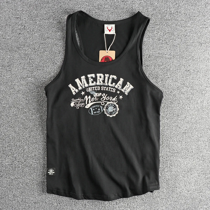 Retro trend letter pattern mens sweat vest all cotton wash fitness sports sleeveless vest T-shirt 250407