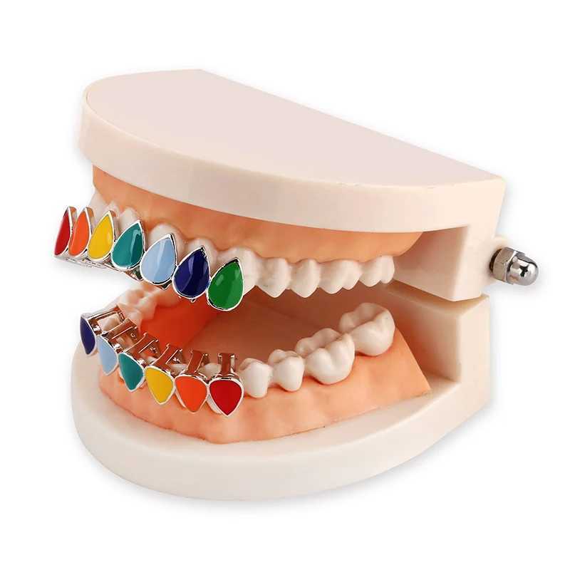 TOPGRILLZ Hip Hop Rainbow Fans Teeth Grillz Top and Bottom Gold Silver Grillz Dental Halloween Vampire Teeth Grillz Set Gift W250412