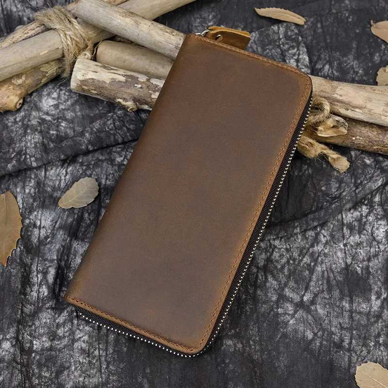 Mens Crazy Horse Leather Long Wallet Zipper Wrap Leather Wallet Phone Case with Coin Pocket and 4-Layer Pocket Z250411