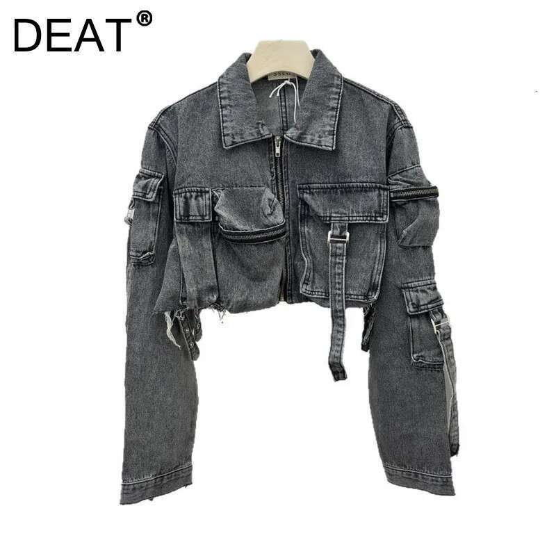 DEAT Women's Denim Jackets Multiple Pockets Burrs Edge Female High Waist Short Cargo Coat 2025 Summer New Fashion 29A1101