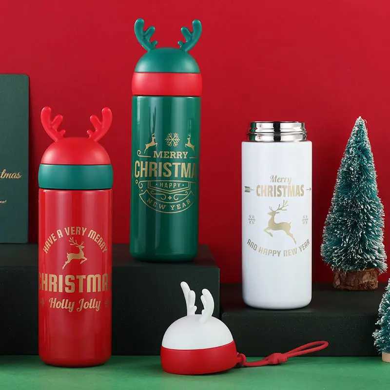 Christmas 300/330ml Christmas Thermos Cup Stainless Steel Coffee Bottles Cute Cartoon Antler Water Bottle Couple Cups Xmas New Year Gifts Y251112