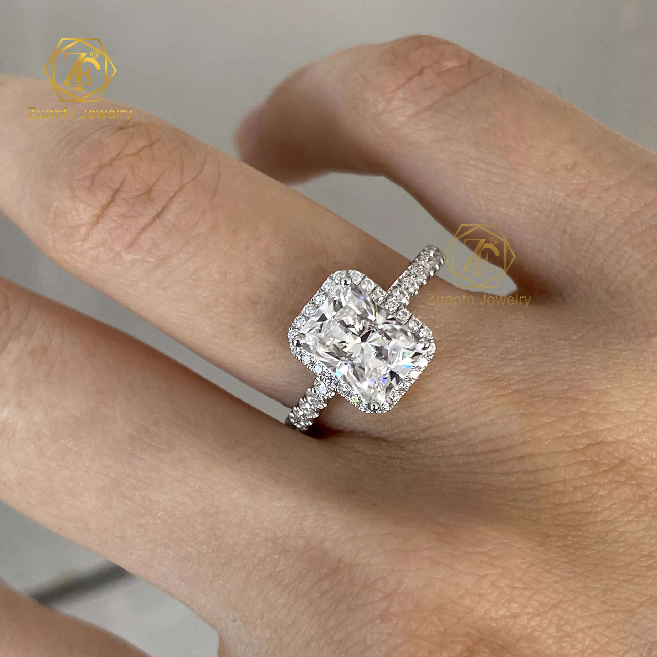2ct Radiant Ice Crush Moissanite Halo Engagement Ring with Diamond Side Stone 14k White Gold for Women Fine Jewelry