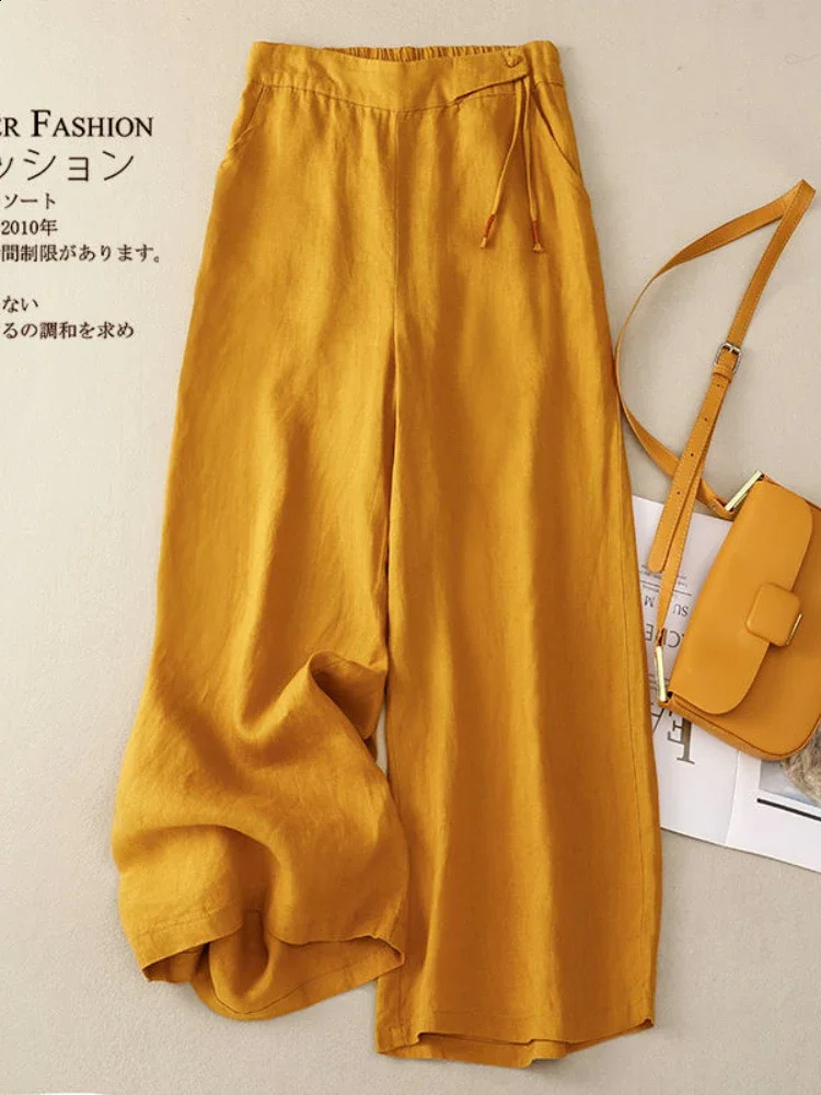 Retro Art Summer Wide Leg Pants Womens Elastic High Waist Cotton and Linen Casual Pants Loose Straight Yellow Womens Pants 250408