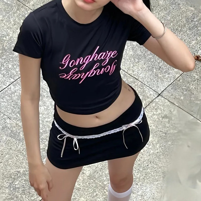 Korean Style Harajuku Y2K Streetwear Women Retro Sweetheart Lace Bow Tie Mini Skirt Gothic Punk Low Waist Black Short Skirt 250411