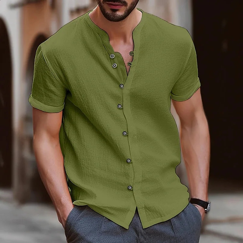 Mens Short Sleeve Tshirt V neck button Cotton Linen Shirt Mens Casual Clothes Tops for Men 250411