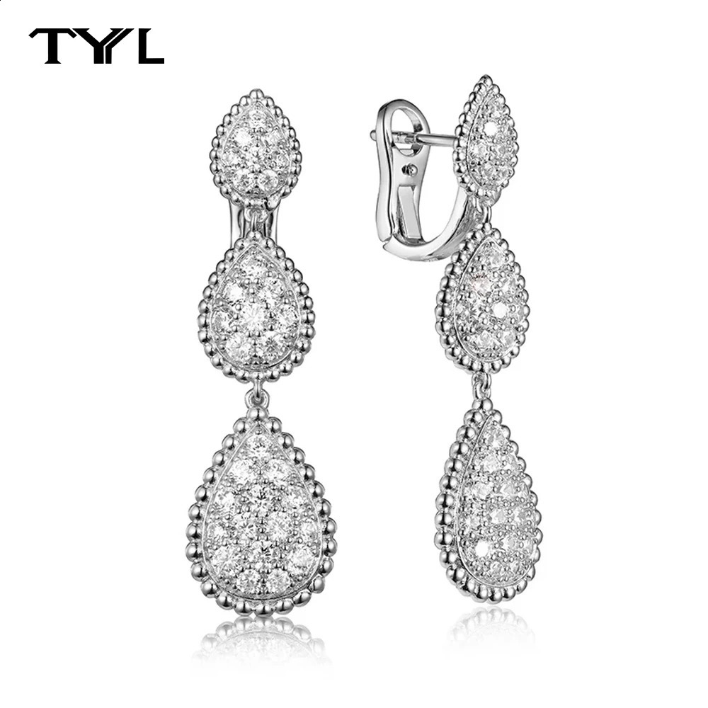 TYYL Classic 3 Water Drop Ear Clip Drop Earrings Stud Party Wedding Long Earring Zircon Ear Cuff Silver Jewelry For Women 250411