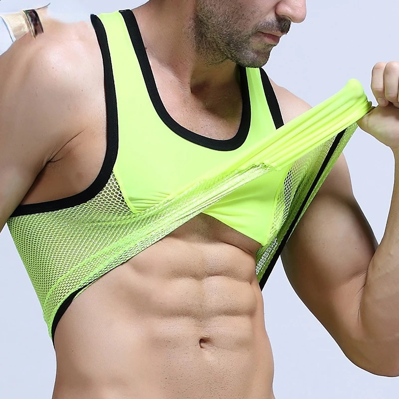 Summer Mens Mesh Ultra-thin Sports Leisure Fitness Backing Solid Color Translucent Square Neck T-shaped Sequin Tank Top 250407