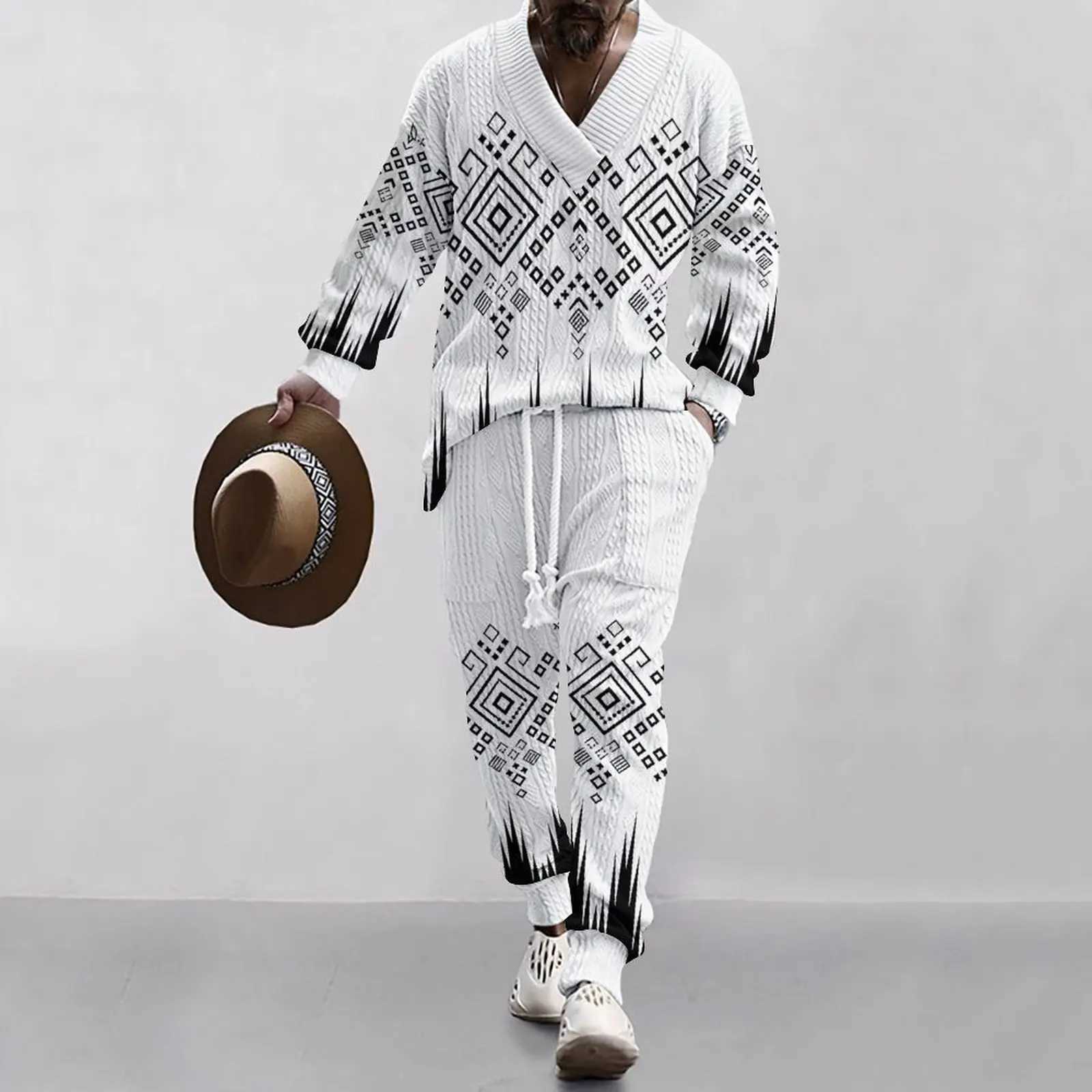 2024 new autumn mens loose casual sportswear high-quality jacquard V-neck long sleeved mens two-piece mens setXJ250412