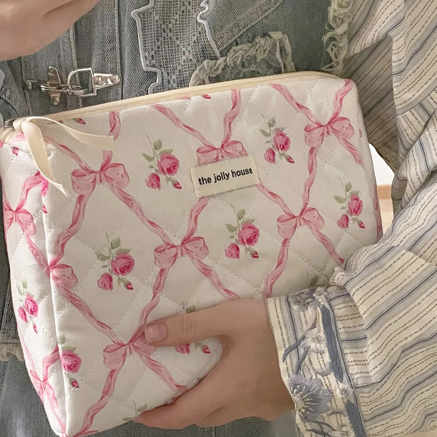 Makeup Bag Bow Makeup Bag Womens Zipper Storage Bag Large Capacity Portable Handbag Womens Makeup Bag 250410