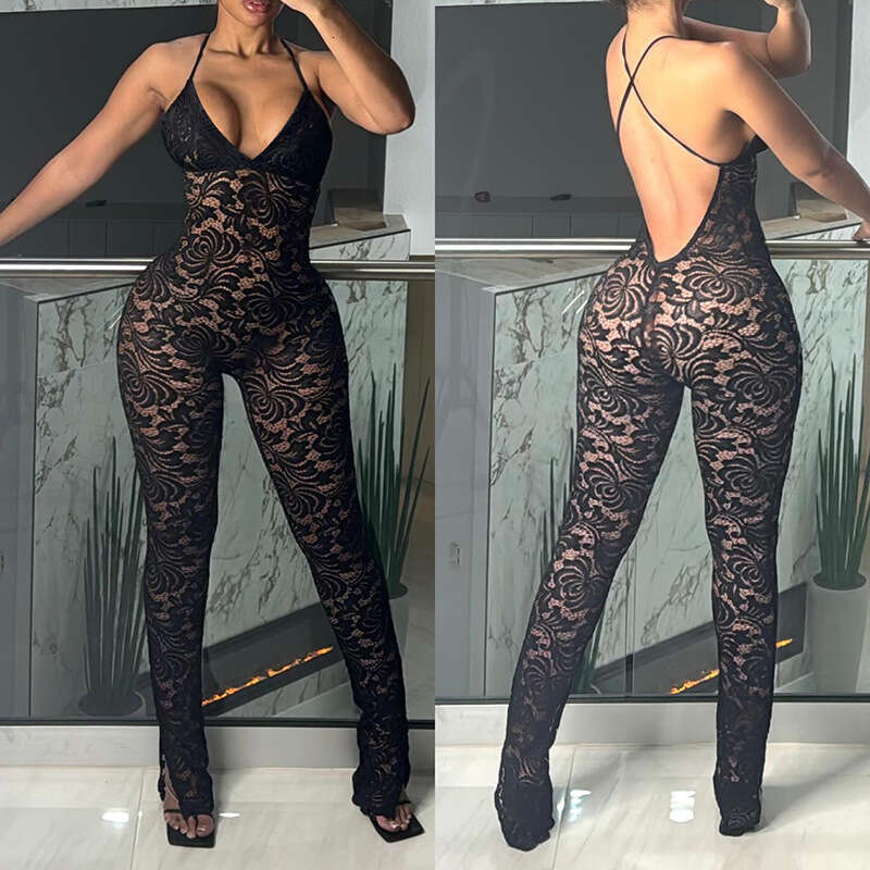 Women's Wear Wind Summer Women's New Fashionable And Sexy Deep V Strap, Bareback Lace Perspective Tight Jumpsuit