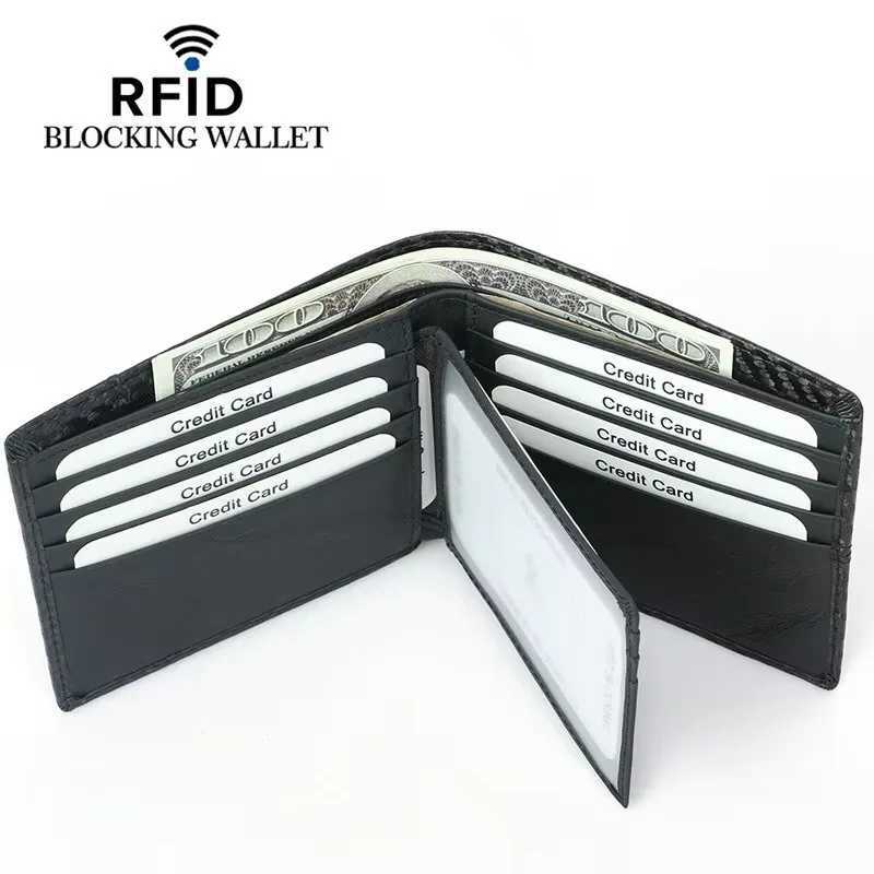 Carbon fiber pattern RFID wallet splicing multi card slot large capacity fashionable short mens wallet Z250411