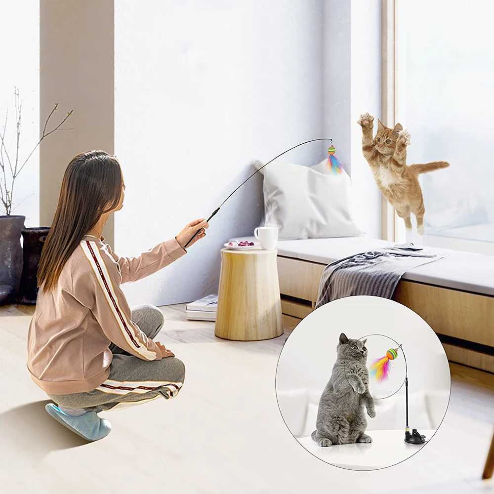 Interactive and fun cat toys with feather sticks cup suction balls and feathers instead of bells for indoor cat and kitten exercise Y250412