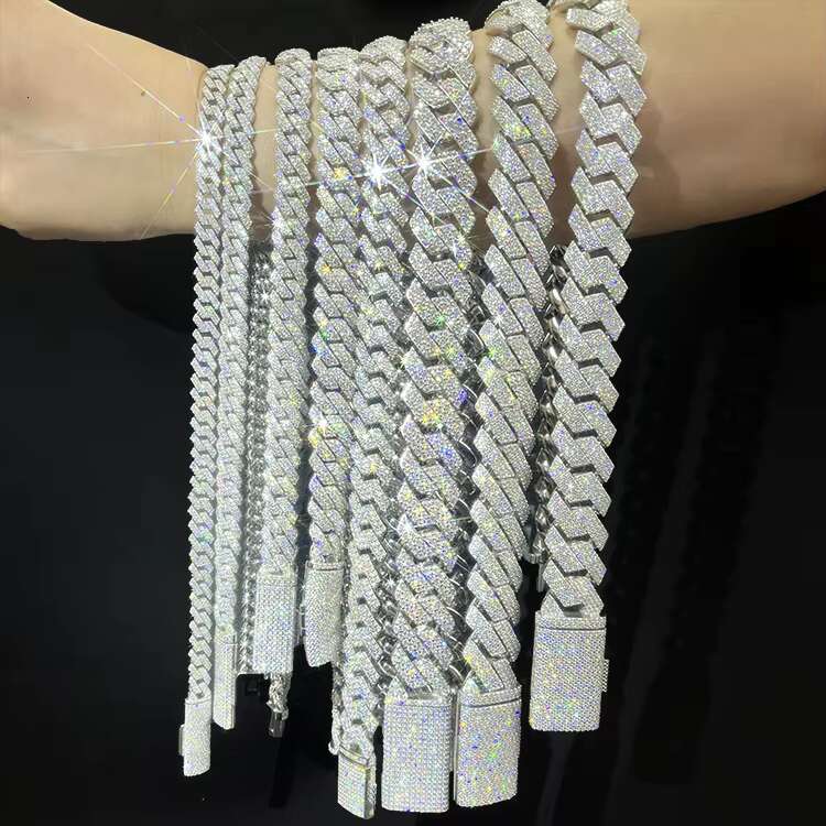 Fine Jewelry Bracelet 2Rows 8-20mm Full Size Design Hip Hop 925 Silver D-VVS1 Moissanite Diamond Cuban Link Bracelet Necklace