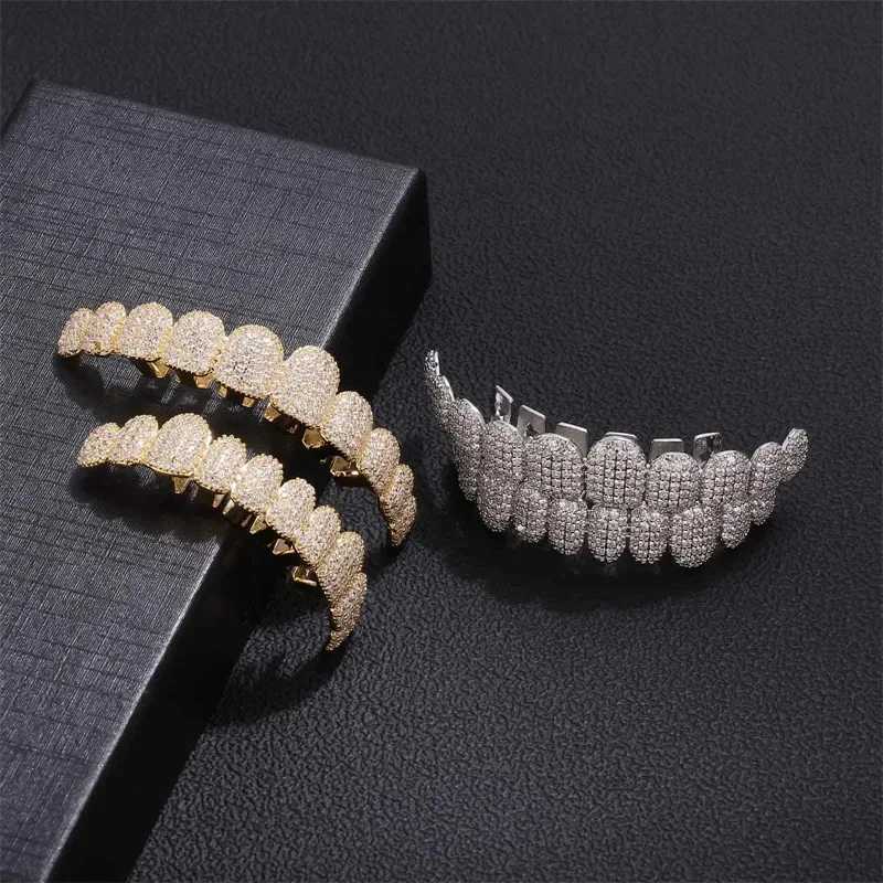 14K gold-plated diamond inlaid with ten font rapper teeth chain copper zirconia jazz rapper teeth grill accessories W250412