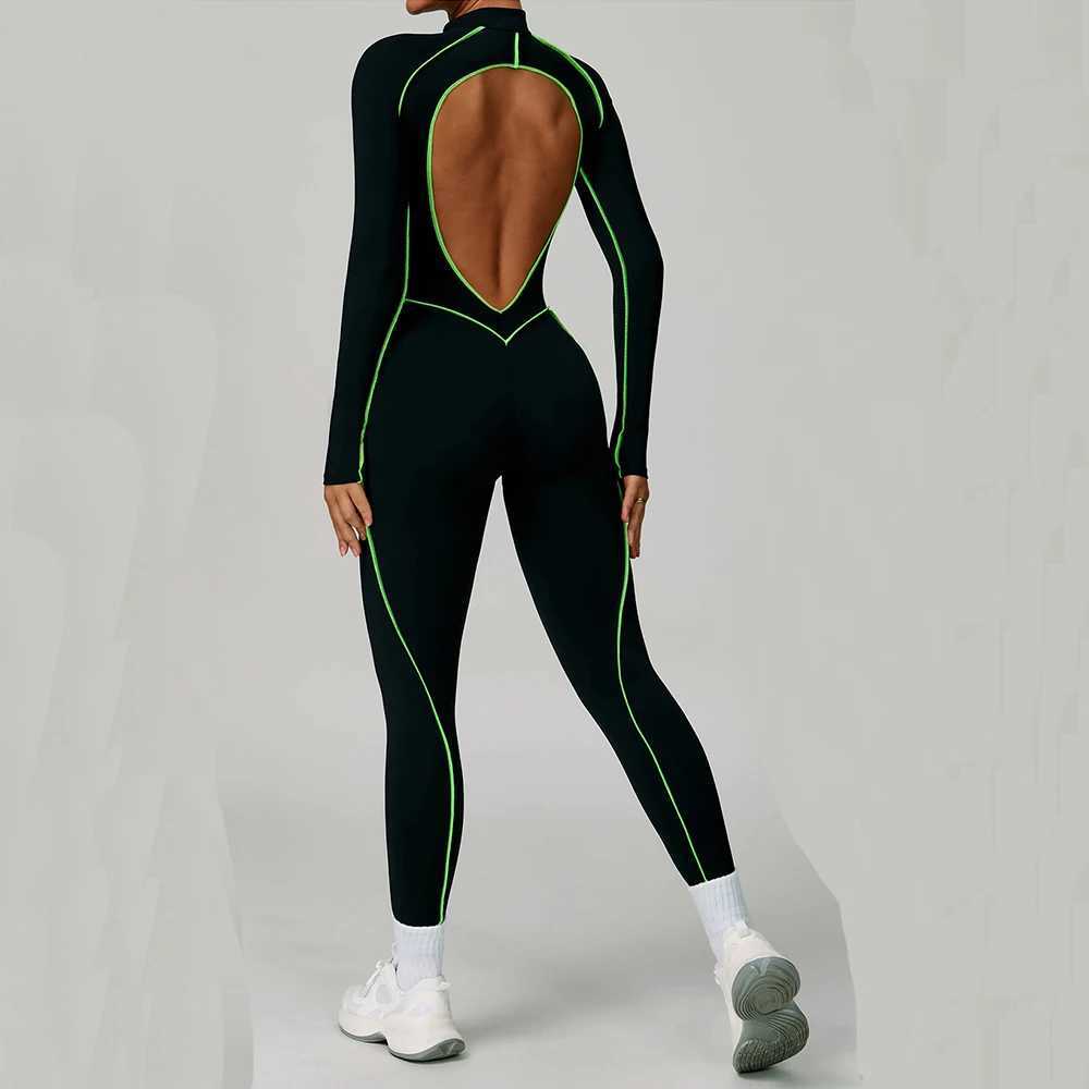 Yoga Boilersuit Long Sleeved Womens Sportswear Gym Set Zipper Jumpsuits Workout High-intensity Fitness One-piece Color Blocking J251112