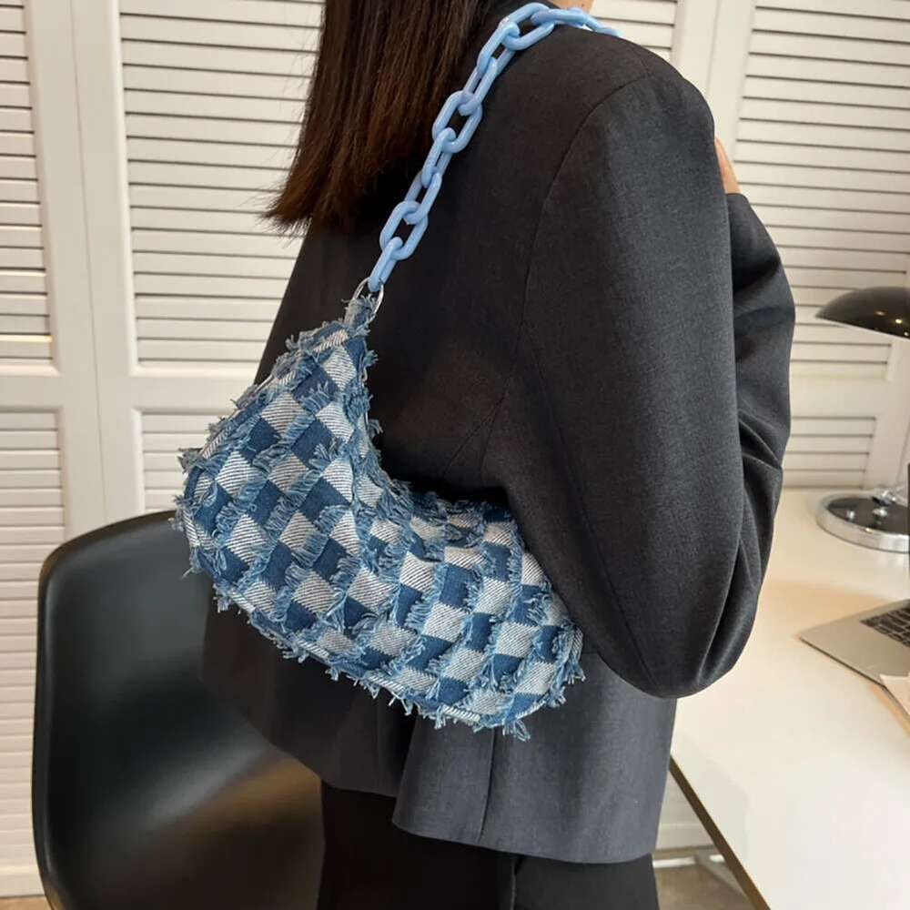 Vintage Women Casual Shoulder Underarm Bag Plaid Pattern Printing Denim Small Purse Ladies Chain Leisure Handbags