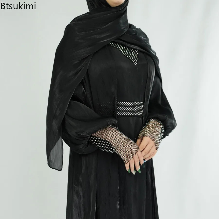 Muslim Fashion Abaya Womens Shiny Diamond Kimono Open Abayas Maxi Dress Jalabiya Ramadan Eid Dubai Evening Kaftan 250411