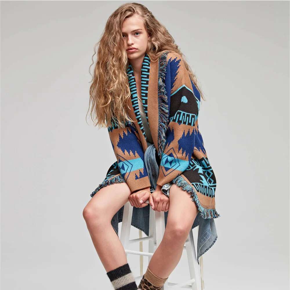 WQJGR Winter Cardigan Sweater Women Wool Kniited Tassel Colorful Print Loose Full Sleeve High Quality Sweaters Female Coat