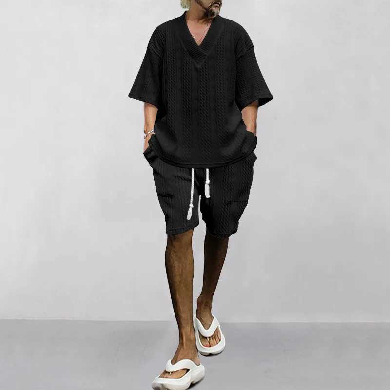 New casual loose one seventh sleeve jacquard V-neck top mens beach vacation set European size 2-piece setXJ250412