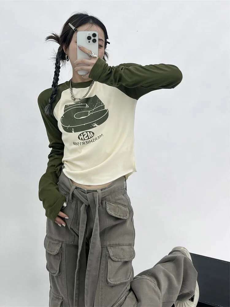Spring Vintage Y2k Patchwork Green Tshirts Women Hippie Streetwear Long Sleeve T Shirt Female Kpop Retro Autumn Crop Tops
