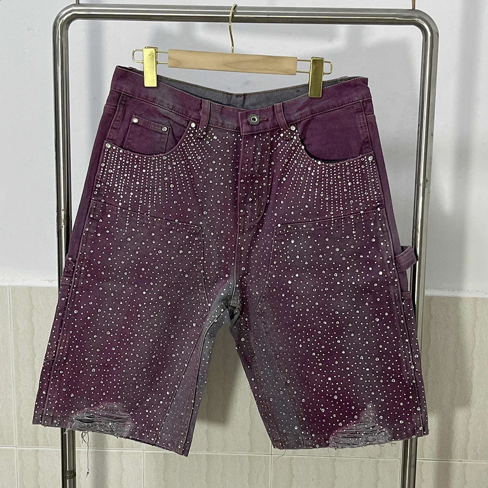 PFNW Niche Heat-melting Rhinestone Shorts With Ink Splatter Dyeing Gradient Denim Knee Length Pants Men 2025 Bottoms 28W6376 250411