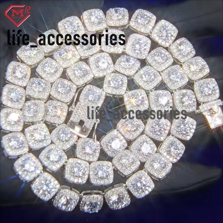 Hiphop Tennis Chain Iced Out Custom Cluster Square Shape 925 Sterling Silver Moissanite Tennis Chain